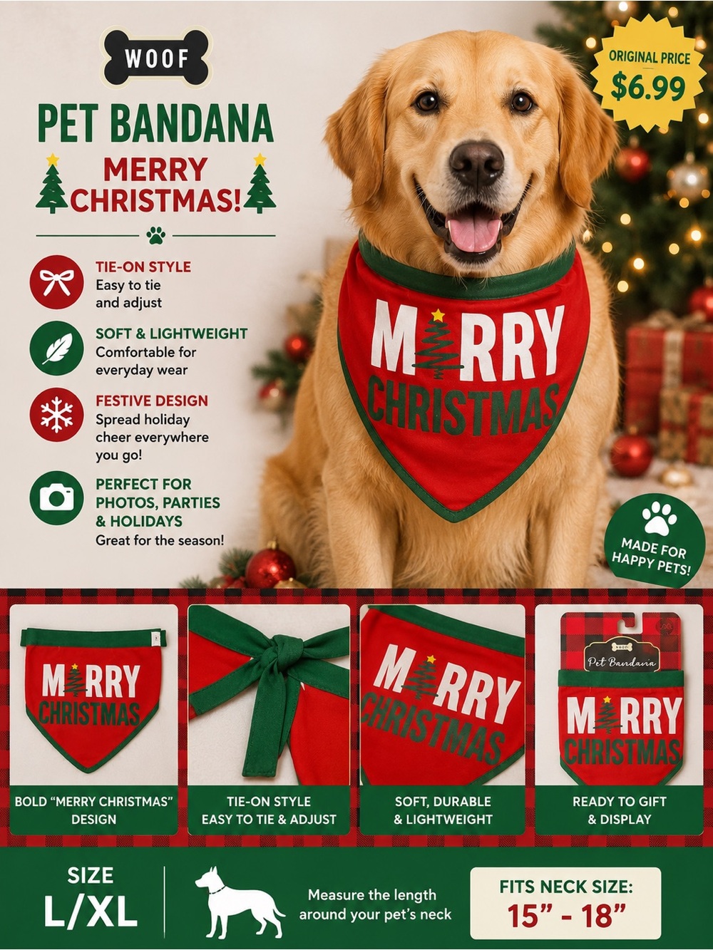 Woof Merry Christmas Red & Green Pet Bandana - L/XL